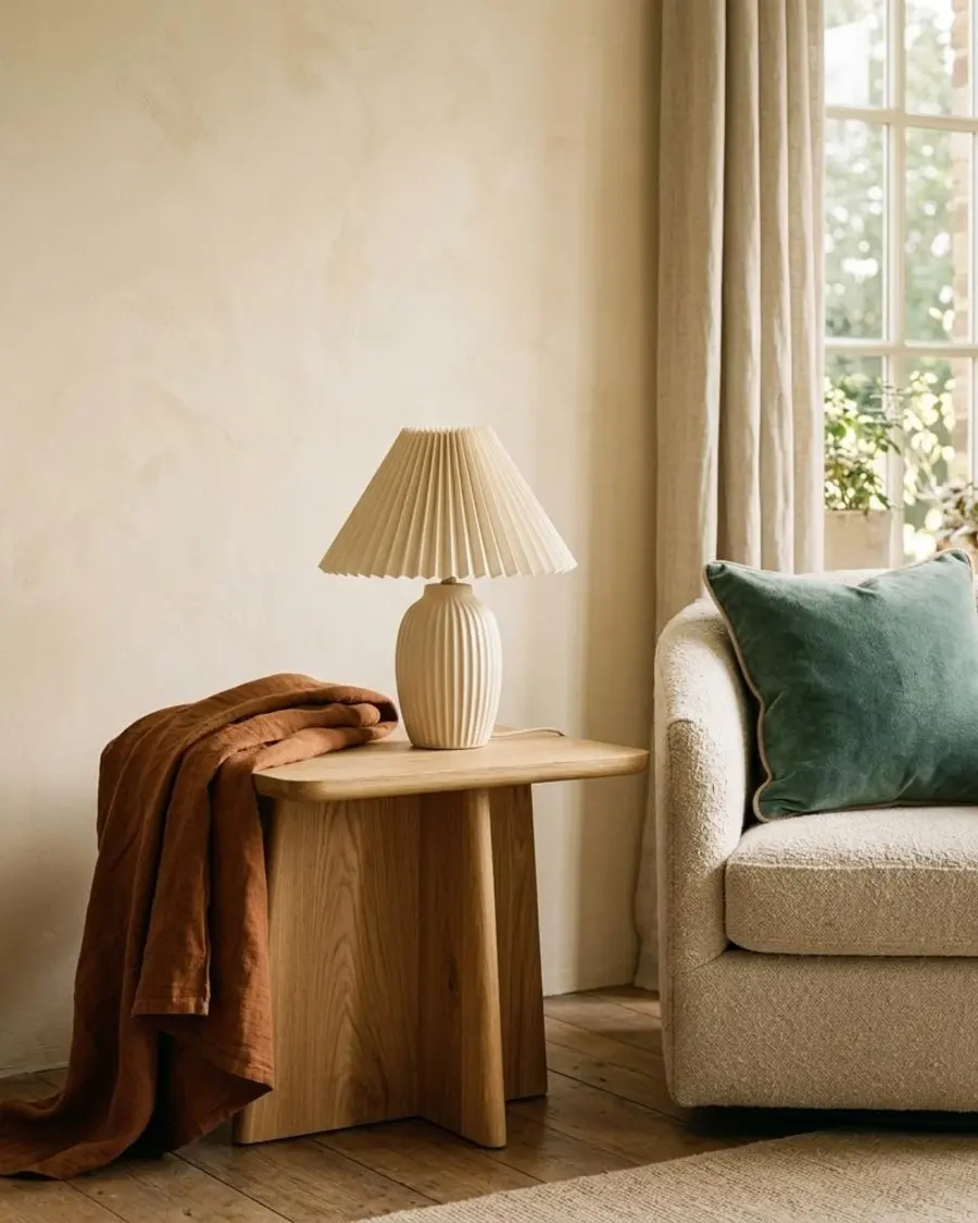 Illustrative home interiors editorial of an oak side table, ceramic lamp and linen throw