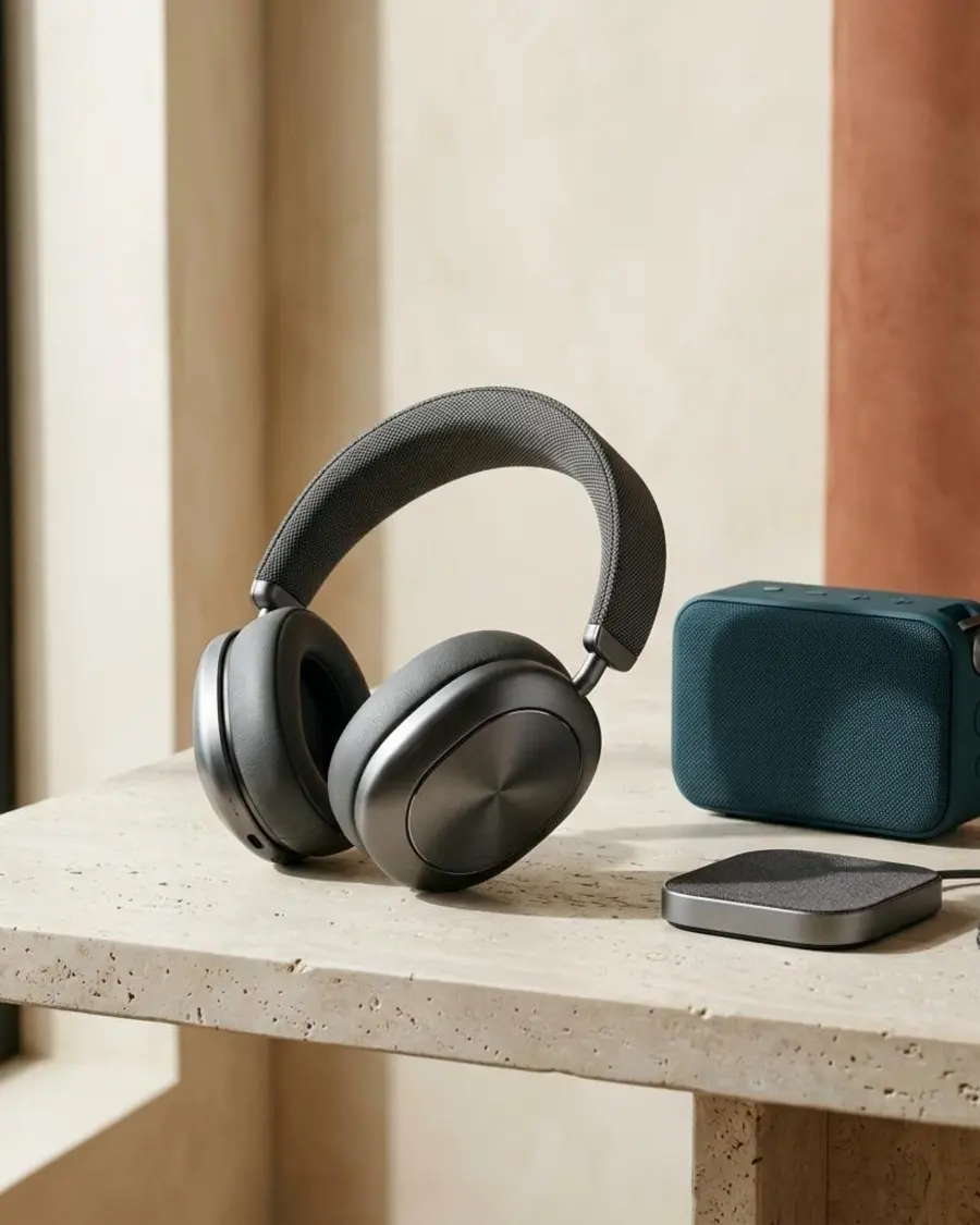 Illustrative technology product photograph of graphite headphones, compact speaker and charging accessory